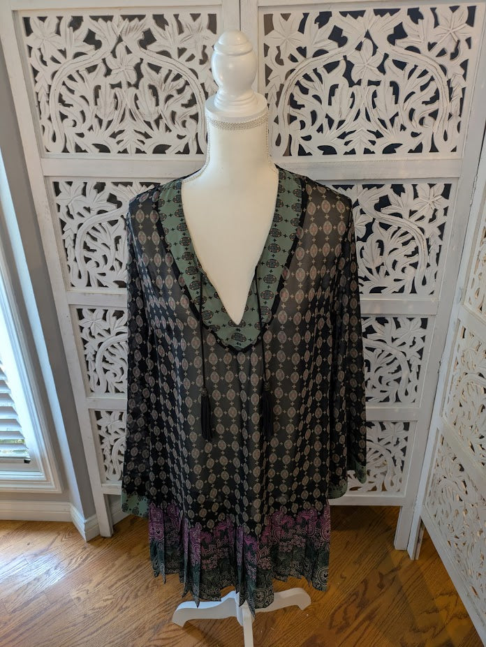 Bisou Bisou Black and Pink Graphic Tunic 3/4 Sleeve Sz L
