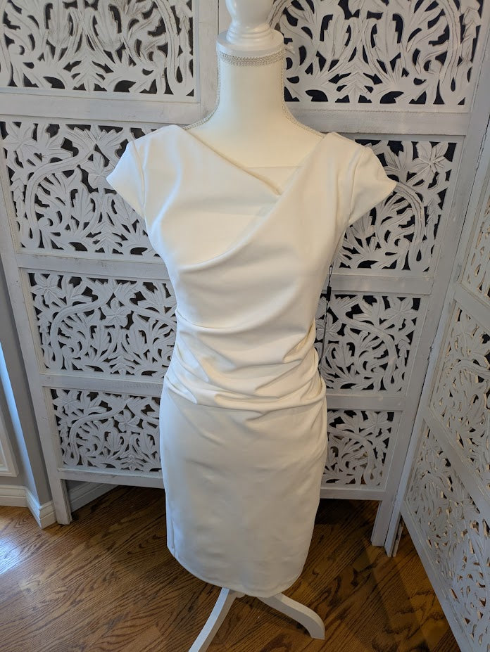 White House Black Market Cream Asymmetrical Ruched Sheath Dress Sz 4