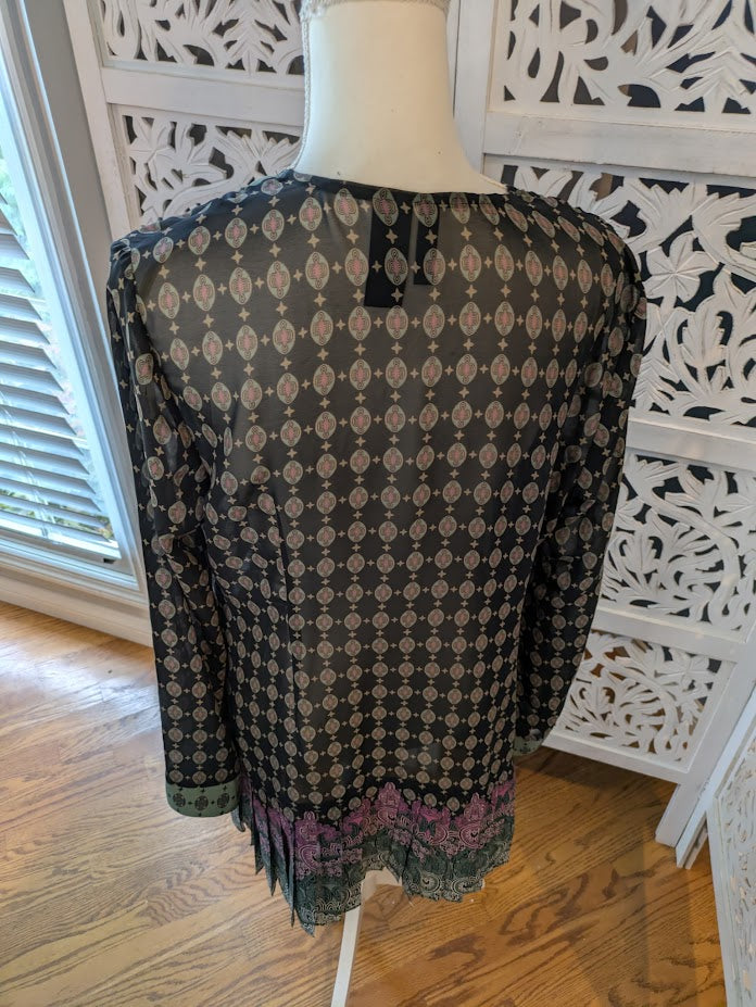 Bisou Bisou Black and Pink Graphic Tunic 3/4 Sleeve Sz L