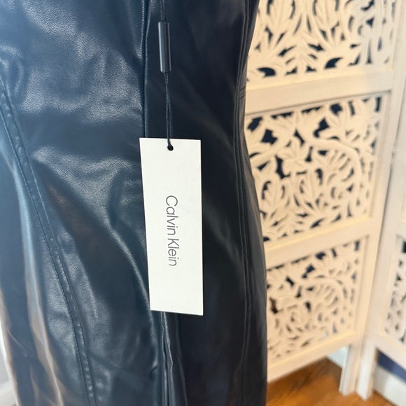 Calvin Klein Faux Leather Black Midi Dress NWT Sz 10