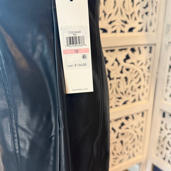 Calvin Klein Faux Leather Black Midi Dress NWT Sz 10
