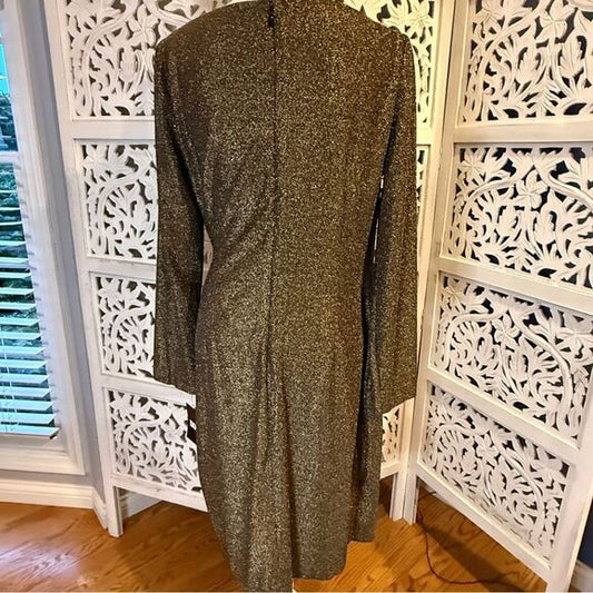 NWT DKNY Shimmering Gold Long Sleeve Dress Sz 14