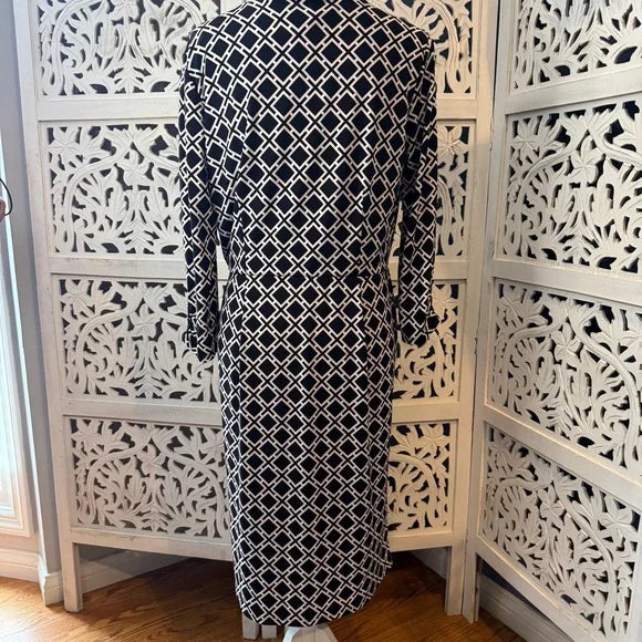 White House Black Market Elegant Black and White Geometric Dress NWT Sz 12