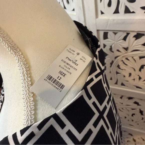 White House Black Market Elegant Black and White Geometric Dress NWT Sz 12
