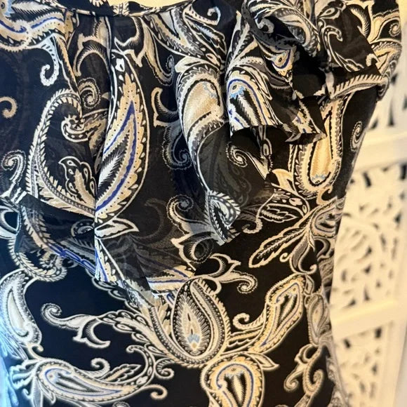 White House Black Market Fitted Ruched Black and Gray and Blue Blouse Sz S