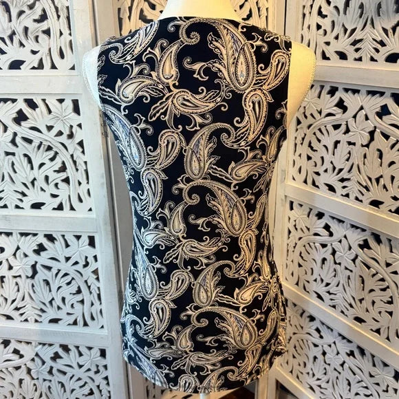 White House Black Market Fitted Ruched Black and Gray and Blue Blouse Sz S
