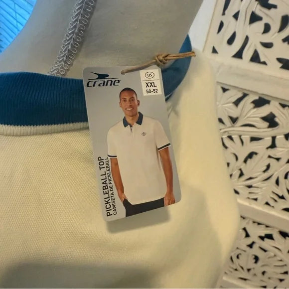 Men's White Pickleball Polo Shirt with Blue Accents NWT