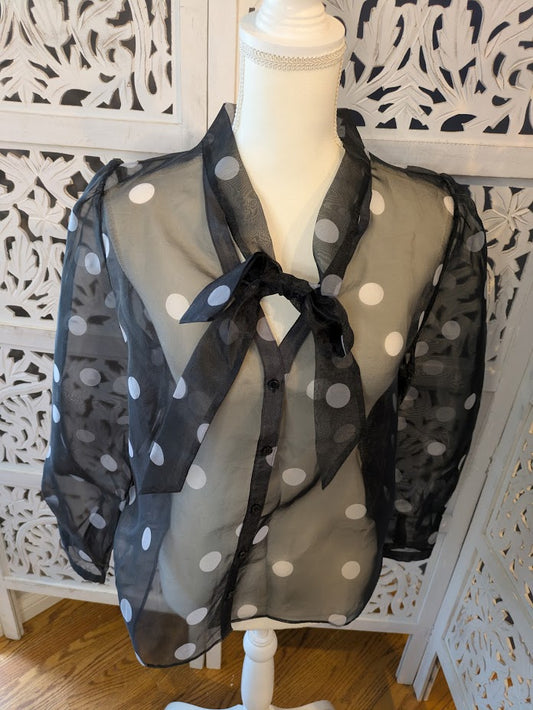 White House Black Market LS Organza Dot Blouse Sheer Black Polka Dot Blouse NWT Sz M