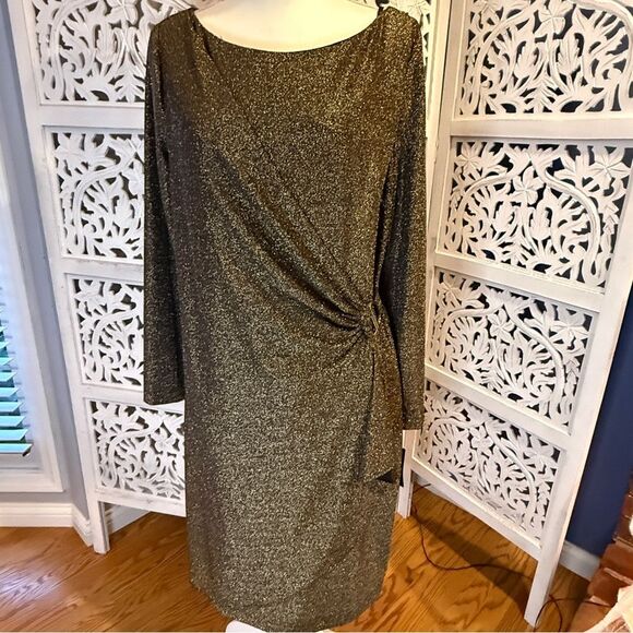 NWT DKNY Shimmering Gold Long Sleeve Dress Sz 14