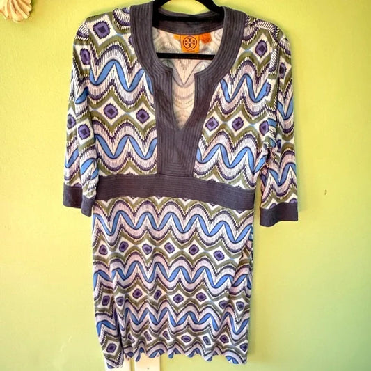 Tory Burch Purple and Blue Sheath Dress with Dolman Sleeves XL